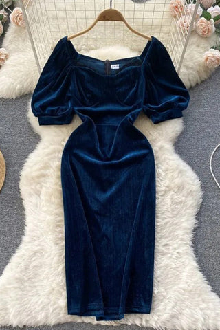 Elegantes Partykleid aus Samt mit Puffärmeln, schlankes Kleid mit hoher Taille und Hüften