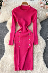 Elegant Double-breasted Split Knitted Wrap Hips Bodycon Dress