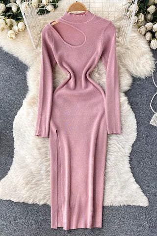 Long Sleeve Slim Knitted Sweater Dress Hollow Out High Split Long Dress