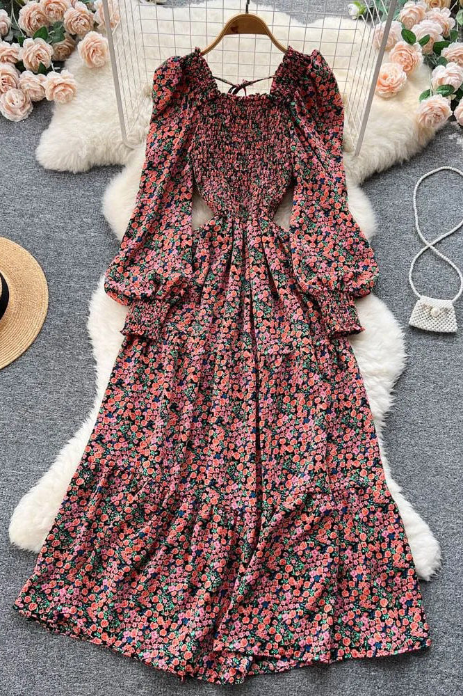 Robe longue élégante à imprimé floral, col carré, manches bouffantes, tenue de soirée pour femme