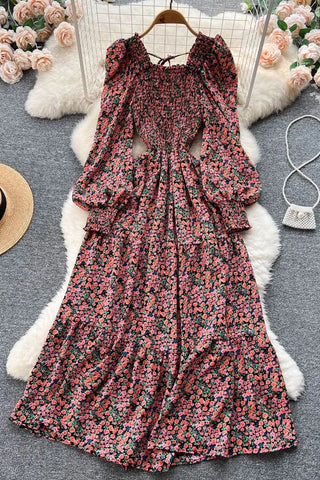 Elegant Flower Print Long Square Collar Puff Sleeve Party Female Vestidos Dress