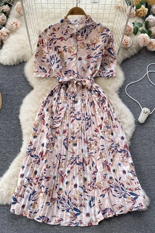 Elegant Dress Floral Print Pleated Long Dress