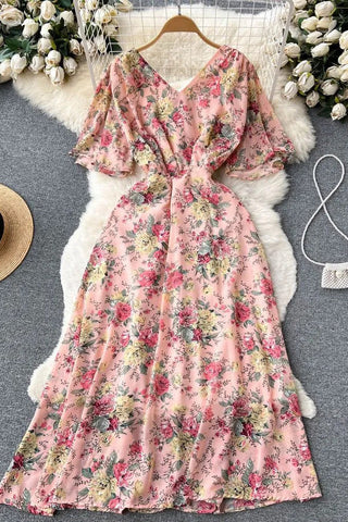 Romantic Floral Print Long Chiffon Dress