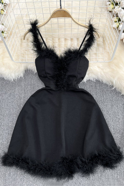 Furry Stitching Nightclub Off-Shoulder Backless Dress With Sleeves