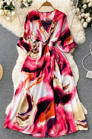 Print Slim Waist Long Dress Vacation Beach Robe Dress