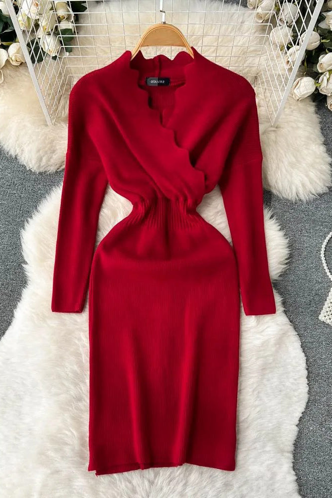 Cross V-neck Elegant Knit Sweater Dress Elastic Waist Long Sleeve Ladies Dress