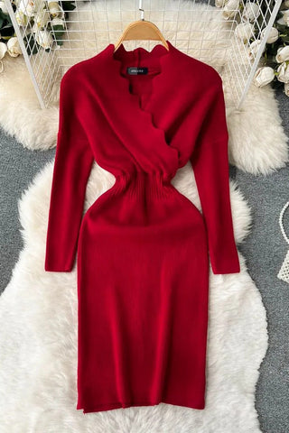 Cross V-neck Elegant Knit Sweater Dress Elastic Waist Long Sleeve Ladies Dress