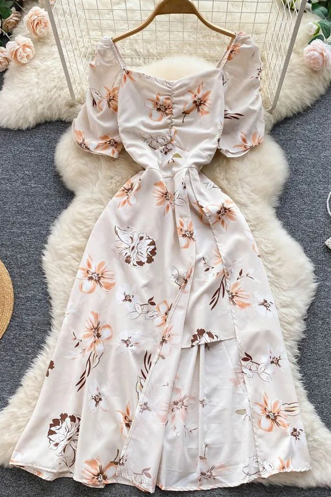 Folds V-neck Floral Print Slit Long Dress Elegant Puff Sleeve Vacation Party Dress