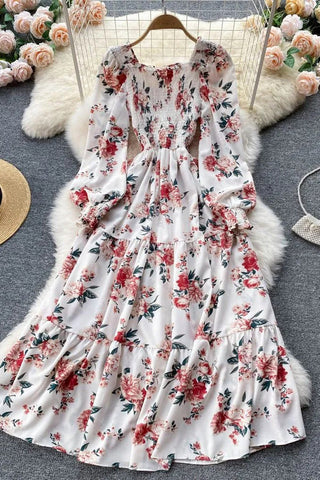 Romantic Floral Print Long Puff Sleeve Maxi Dress