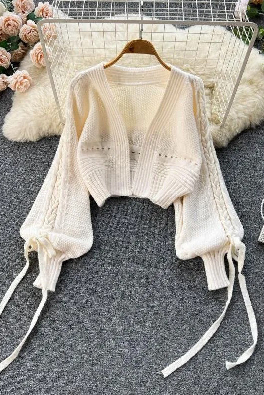 Lantern Sleeve Lace-up Knit Sweater Tops