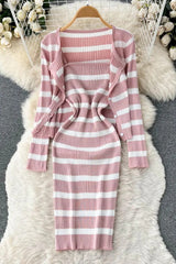 Elegant Sets Knitted Cardigans + Slim Spaghetti Strap Dress Lady Two Piece Suits