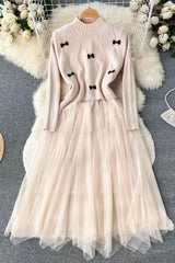 Set Elegant Lace Patchwork Knitted Sweater Dress Retro Bow Vest + Long Dress 2PCS
