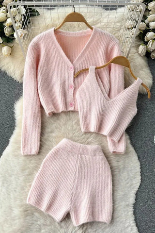 Three Piece Shorts Sets Crop Tops + Cardigans + Shorts Female Knitted Suit Three-Piece