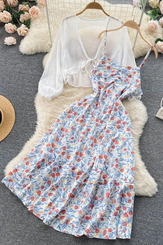 Set Holiday Floral Strap Long Dress+ Sun Protection Shawl Beach Tops Two-Piece