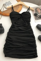 Mesh Bodycon Party Dress Knot High Waist Strap Ruched Vest Dress