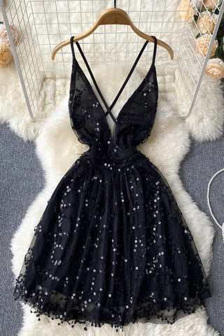 Sequin Dress Deep V-neck Criss-cross Bandage Short Lace Party Dress