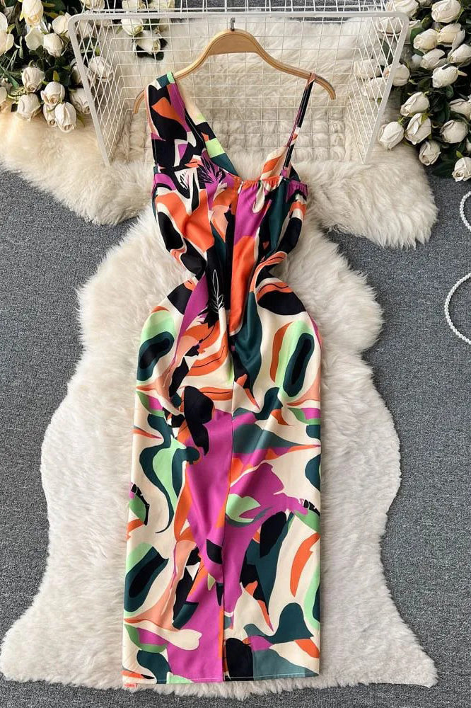 Colorful Print Straps Long Dress Elegant Bodycon Party Dress