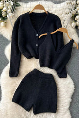 Three Piece Shorts Sets Crop Tops + Cardigans + Shorts Female Knitted Suit Three-Piece