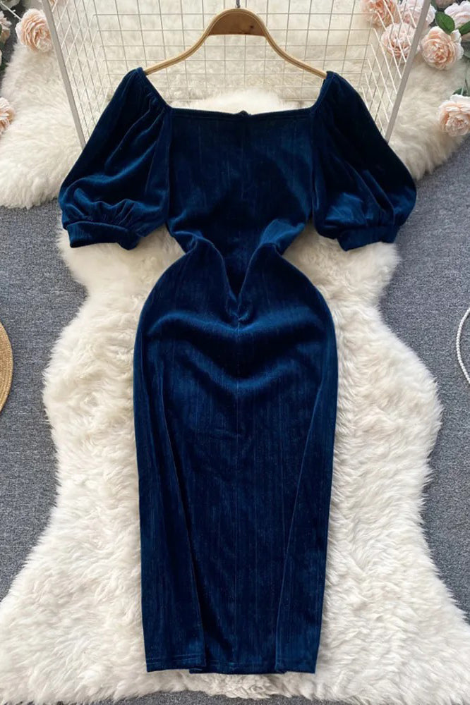 Elegant Puff Sleeve Velvet Party Dress Lady Slim High Waist Package Hips Dress