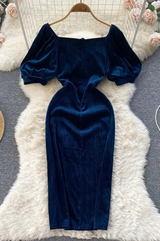 Robe de soirée élégante en velours à manches bouffantes pour femme, taille haute, coupe slim, hanches