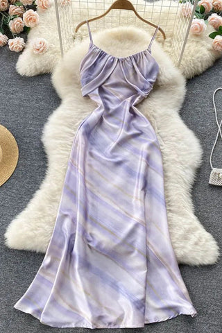 Romantic Tie Dye Long Party Dress Elegant Ruched High Waist Strap