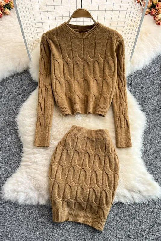 Set Long Sleeve Knitted Tops + Slim Mini Skirts Two Piece Suits
