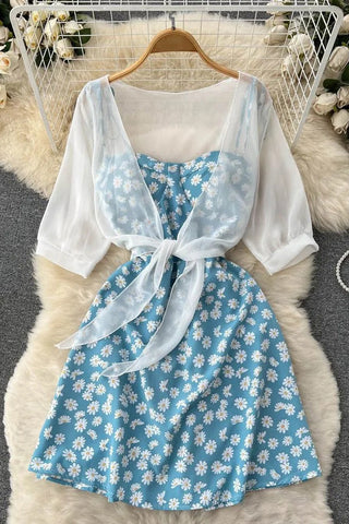 Daisy Flower Print Two Piece Set Strap Vacation Short Dress and Shawl