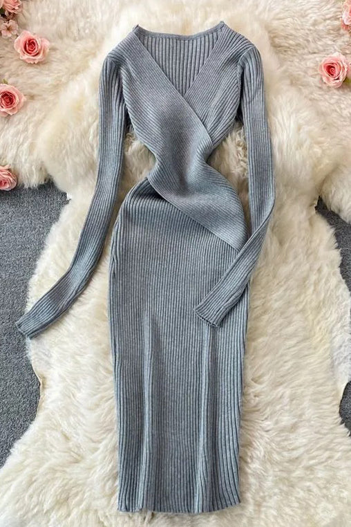 Elegant Cross V-neck Slim Waist Knitted Bodycon Dress
