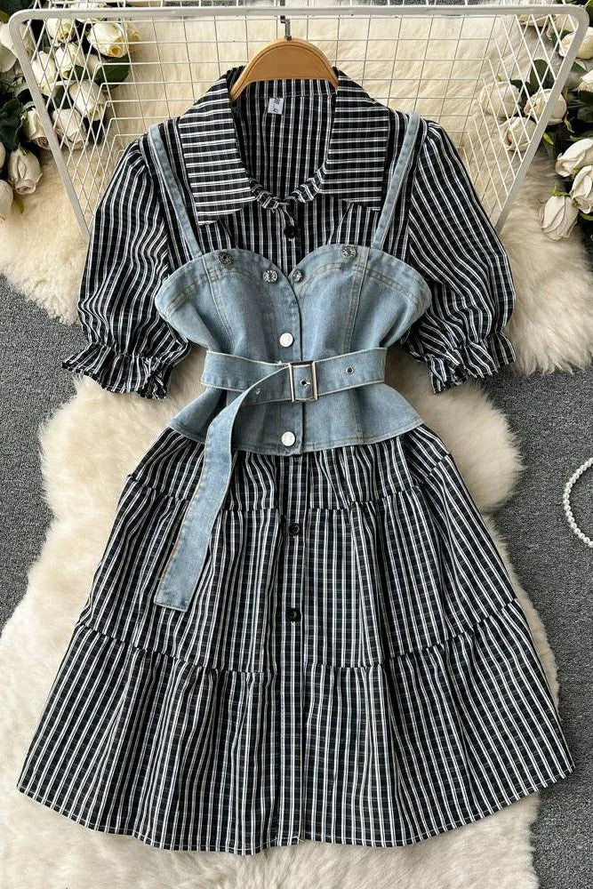 Set Retro Gothic Denim Vests + Striped Short Shirt Dress 2 pcs Sets