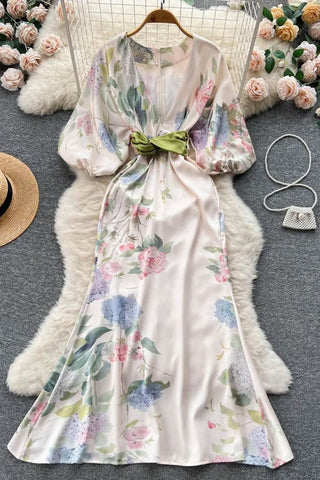 Elegant Puff Sleeve Floral Print A-line Long Dress Deep V-neck Party Robe Dress