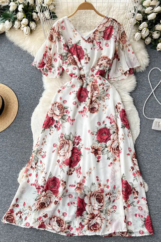 Romantic Floral Print Long Chiffon Dress