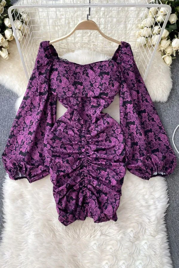 Package Hips Mini Dress Elegant Lantern Sleeve Floral Print Bodycon Dress