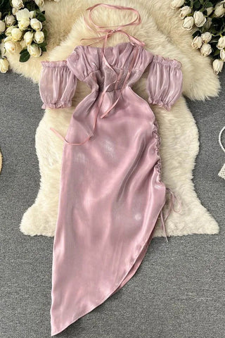 Robe longue en satin froncé, sans bretelles, avec cordon de serrage, en dentelle, style romantique et moulante, idéale pour une soirée