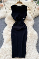 Elegant Slim Waist Buttons Design Knee-length Knit Dress
