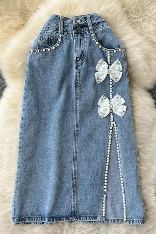 Denim Skirts Bows Decoration Split Jeans Skirts Lady Bottoms