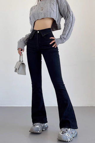 Pantalon en jean taille haute élastique à revers