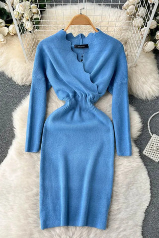 Cross V-neck Elegant Knit Sweater Dress Elastic Waist Long Sleeve Ladies Dress