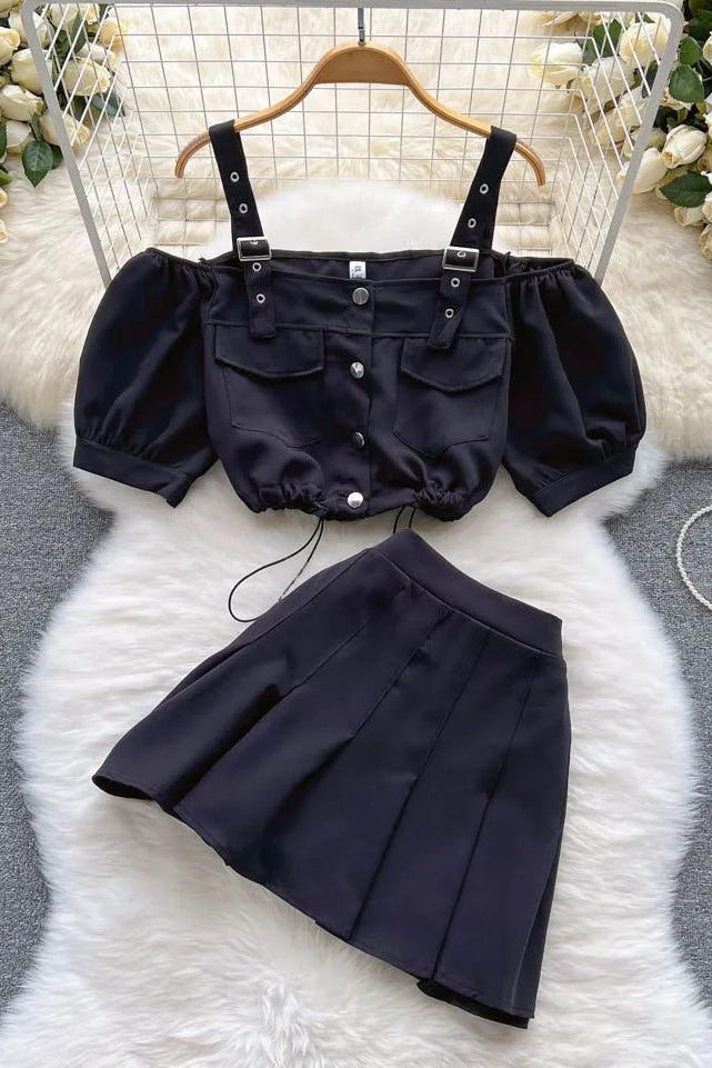 Set Off Shoulder Straps Short Tops + Pleated Mini Skirts Two Piece Suits