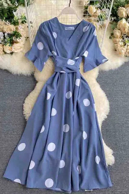 Big Polka Dot Print V Neck Bandage Dress Casual Midi Party Dress Elegant Big Swing Dress