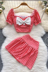 Set Sweet Bow Plaid Crop Tops + Slim High Waist Mini Skirts Two Piece Suits