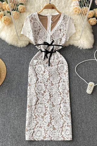 Elegant Lace Party Dress Short Sleeve Slim Waist Dress