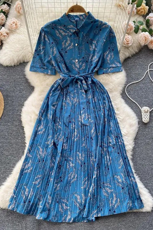 Elegant Dress Floral Print Pleated Long Dress