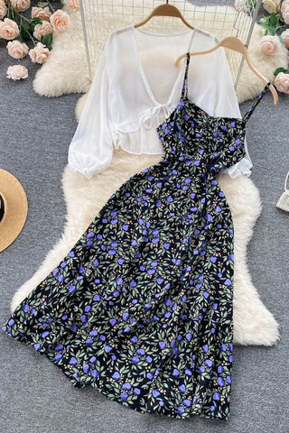 Set Holiday Floral Strap Long Dress+ Sun Protection Shawl Beach Tops Two-Piece