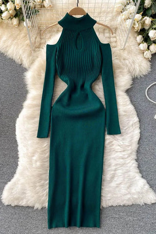 Off Shoulders Long Sleeve Bodycon Knitted Sweater Dress