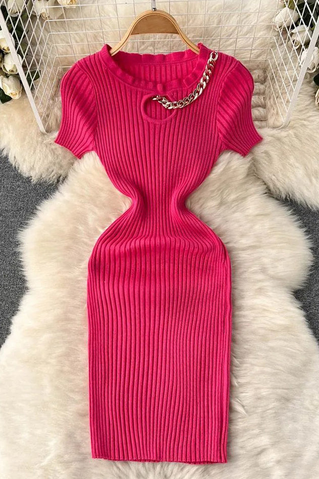 Hollow Out Elastic Mini Dress Chains O-neck Knitted Dress