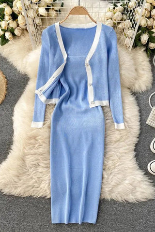 Two Piece Suits Long Sleeve Knitted Cardigans And Slim Elastic Spaghetti Strap Dress Elegant Office Sets