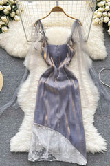 Romantic Lace Patchwork Party Dress Elegant High Waist Floral Print Bandage Long Dress