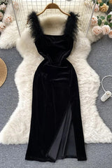 Elegant Fur Patchwork Straps Velvet Bodycon Vestidos Lady Party Vestidos Dress