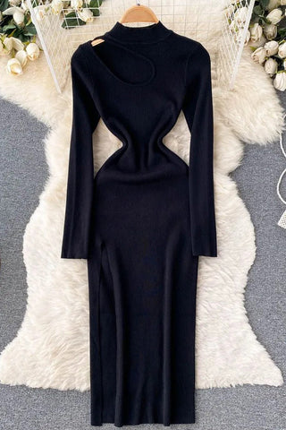 Long Sleeve Slim Knitted Sweater Dress Hollow Out High Split Long Dress