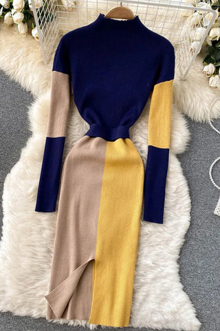 Elegant Color Patchwork Knitted Sweater Dress With Belt